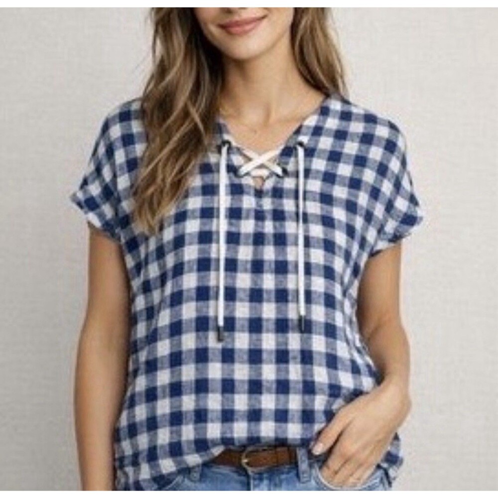 Rails Linen Blend Jeri Lace-Up Top Blueberry Gingham Check Short Sleeve S